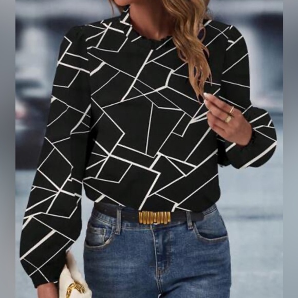 SHEIN Black and White Geometric Snap Closure Bodysuit with Neck Tie Detailing - Picture 1 of 4